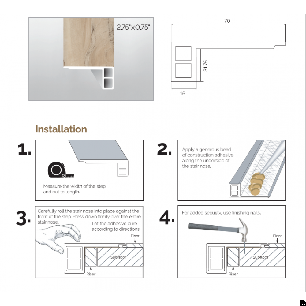 Abingdale 2.75X94 Eased Edge Vinyl Flush Stair Nose