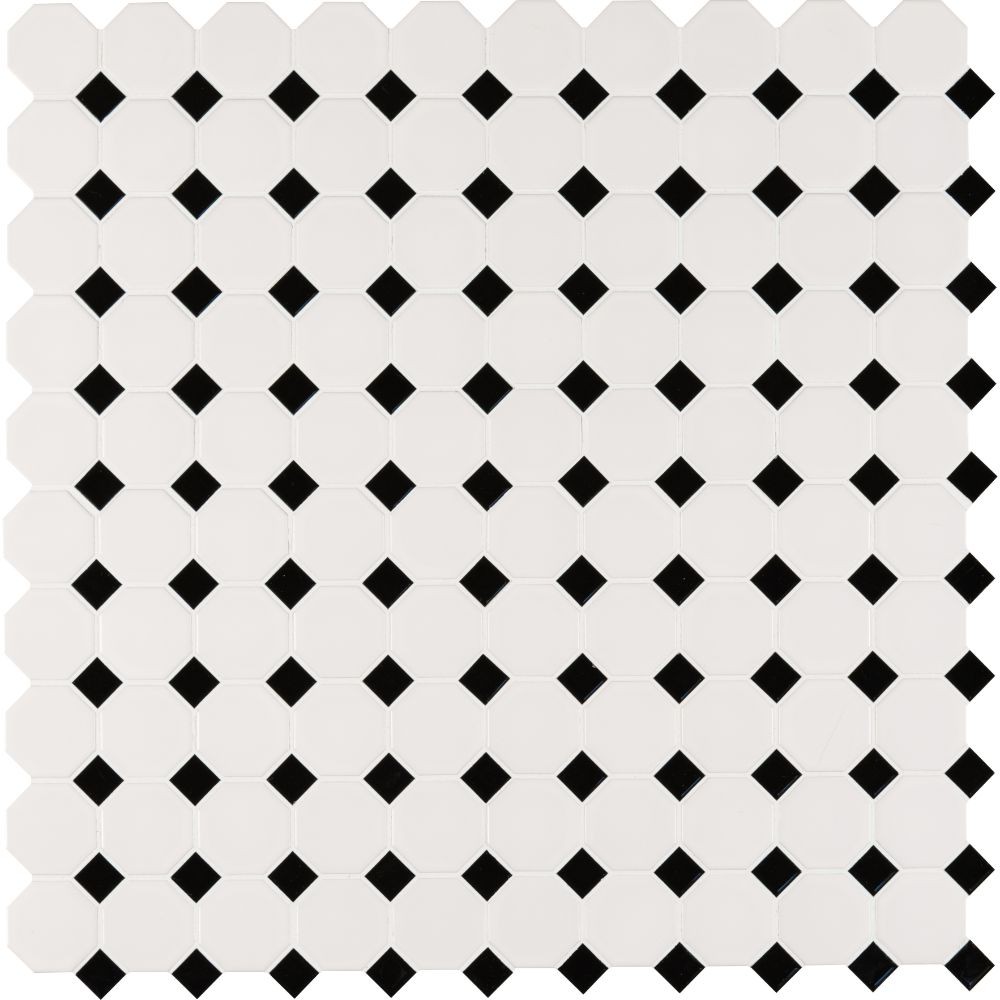 Metro Octagon Matte White and Black Porcelain Mosaic Tile