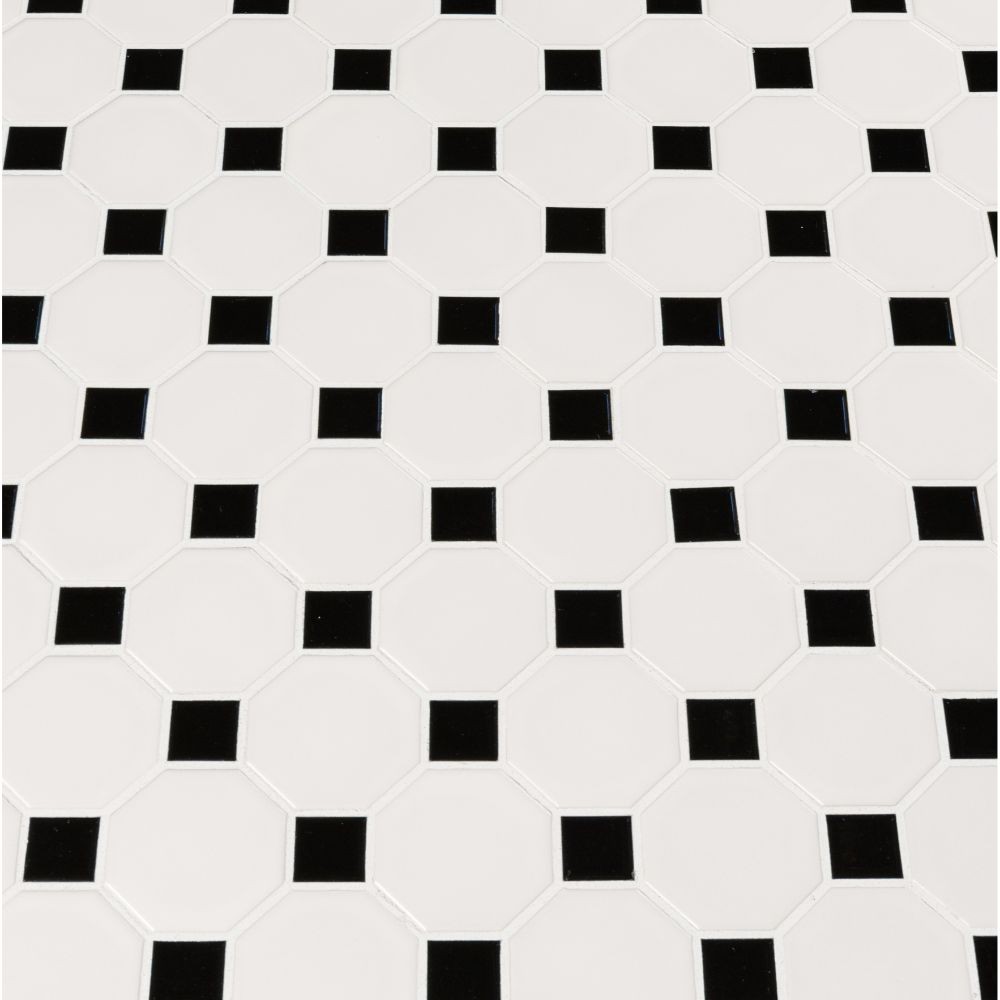 Metro Octagon Matte White and Black Porcelain Mosaic Tile